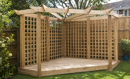 Copyright image: Chris's corner pergola with deck made from the corner pergola plans.