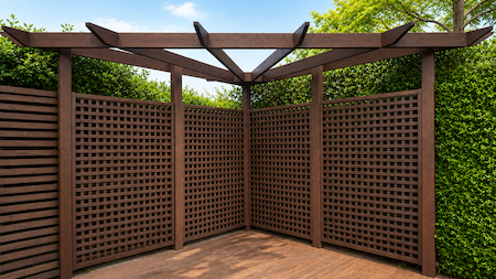 Copyright image: Chris's amazing triangular pergola with deck adapted from the corner pergola plans.