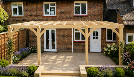 Copyright image: Christos' wonderful lean-to pergola design adapted from the featured pergola plans.