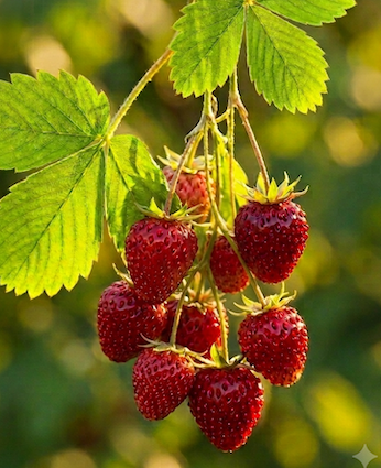 Copyright image: Strawberries hanging ripe and succulent from a pergola.