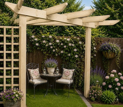 Copyright image: beautiful small garden pergola with radiating rafters, pretty planting and seating for two, made from the pergola plans. Copyright image: beautiful small garden pergola with radiating rafters, pretty planting and seating for two, made from the pergola plans.