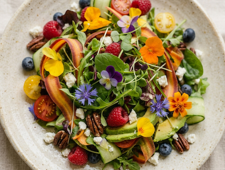 Copyright image: edible flowers on a vibrant salad