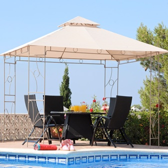 Metal fabric gazebo for outdoor dining.