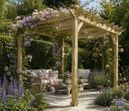 Copyright image: Beautiful garden pergola with gorgeous climbing roses and clematis creating a romantic outdoor seating area.