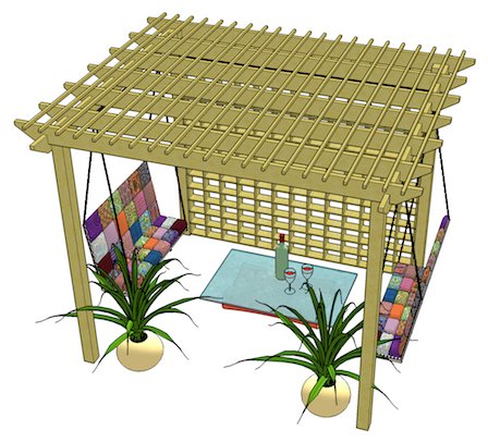 Copyright image: An fantastic pergola made from the free plans, with a beautiful swing benches and accessories.