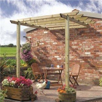 Patio pergola attached to a wall.