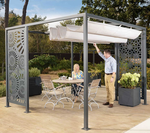 Modern metal pergola with retractable canopy and fretted side panels.