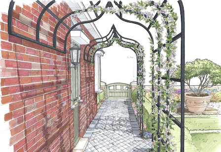 Attached metal rose arch walkway lean-to