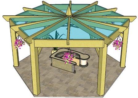 Copyright image: A hexagonal pergola with polycarbonate roof panels.