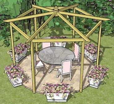 Copyright image:Hexagonal pergola made from the hexagonal pergola plans with pitched roof.