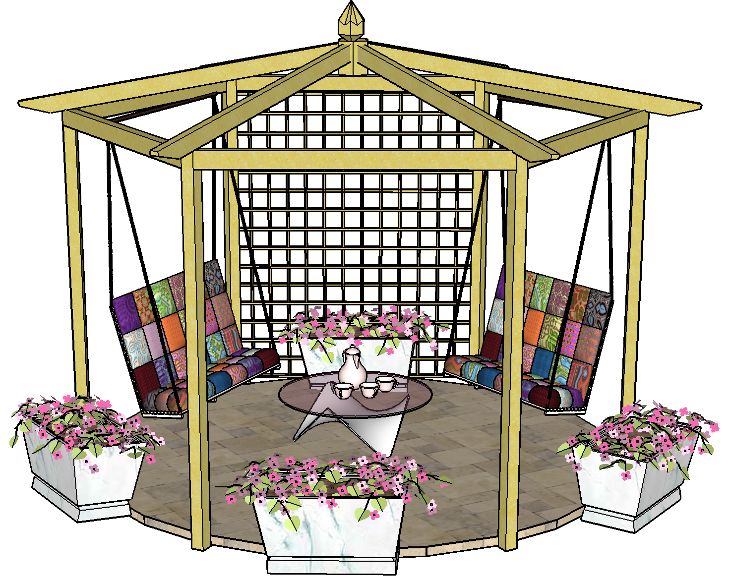 Copyright Image: Fantastic hexagonal pergola plans with pitched roof and six rafters. Swing bench ideas.