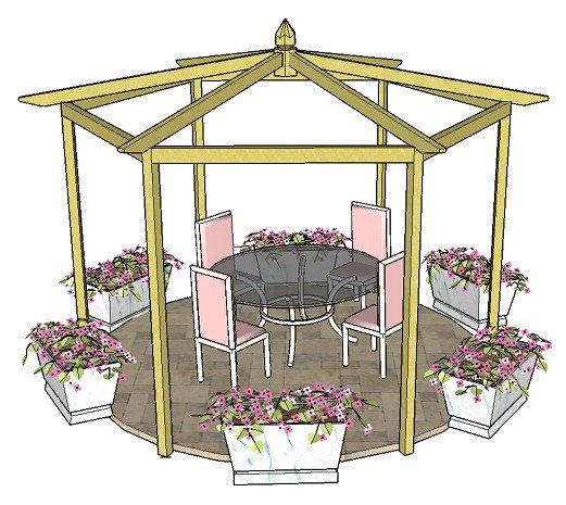 Copyright Image: Fantastic hexagonal pergola plans with pitched roof and six rafters. Dining pergola ideas.