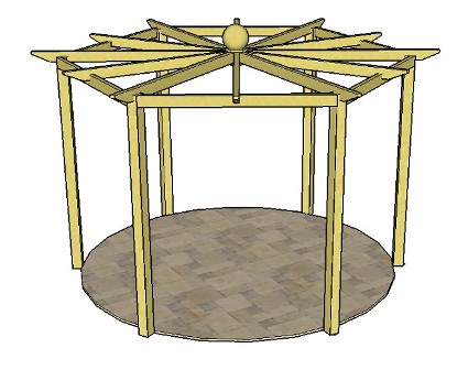 Copyright image: A hexagonal pergola, with twelve radiating rafters and finial, made from the step-by-step pergola plans. 