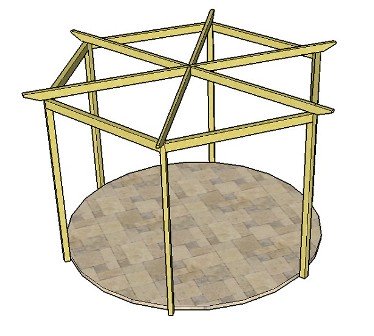 Copyright image: A hexagonal pergola, with six radiating rafters, made from the step-by-step pergola plans. 