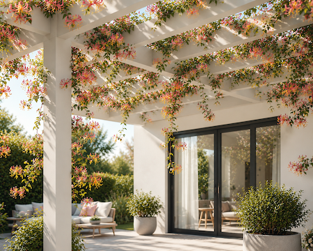 Pergola-AI-White and honeysuckle Pergola-AI-White and honeysuckle