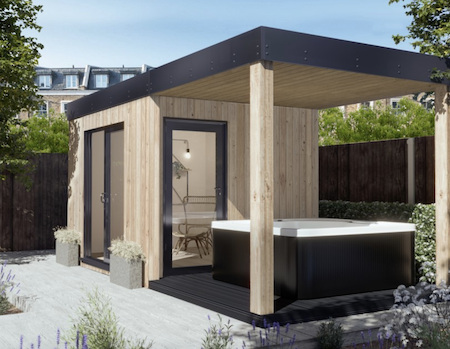 Hot tub pergola with changing room pod.