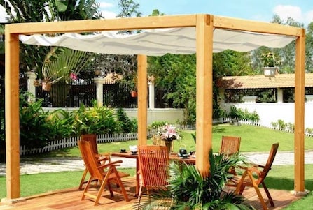 Modern wooden pergola with retractable canopy.