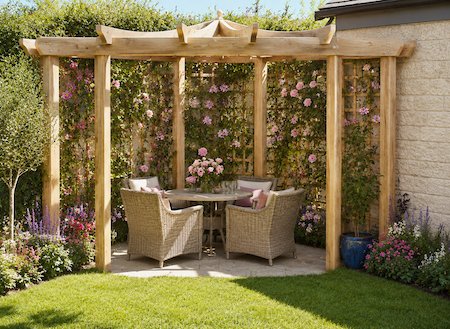 Copyright image: Jeff's Asian-style  pergola made from the corner pergola plans.