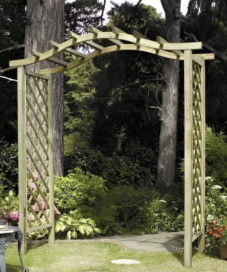 Elite portico garden arch with trellis and curved rafters.