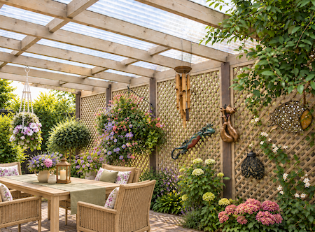 Copyright Image: John’s beautiful lean-to pergola made from the plans, with dark timber posts, trellis sides and a polycarbonate roof. Copyright Image: John’s beautiful lean-to pergola made from the plans, with dark timber posts, trellis sides and a polycarbonate roof.