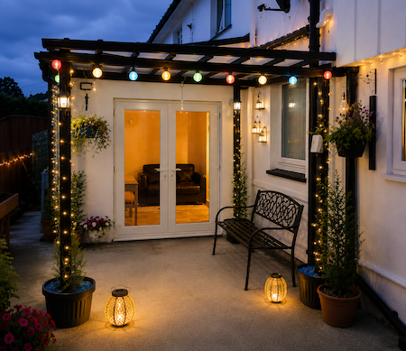 Copyright Image: Mark’s beautiful black lean-to pergola, made from the plans and attached to the house, with colourful string lights and lanterns. Copyright Image: Mark’s beautiful black lean-to pergola, made from the plans and attached to the house, with colourful string lights and lanterns.