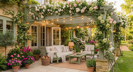 Copyright image: Stunning attached lean-to pergola with climbing plants, outdoor furniture and lights.