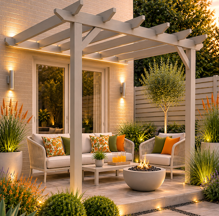 Copyright image: Beautiful modern attached lean-to pergola built from the featured plans, with stylish seating, planting and subtle lighting.