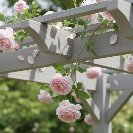 Copyright image: gorgeous light grey pergola rafters with a pale pink climbing rose.