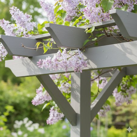 Copyright image: a beautiful purple wisteria growing over grey pergola rafters. Copyright image: a beautiful purple wisteria growing over grey pergola rafters.