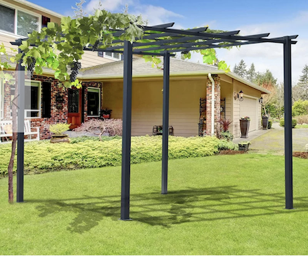 Grey metal pergola with retractable shades