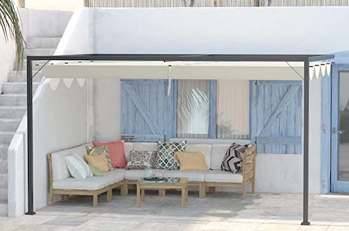 Metal attached lean-to pergola kit with retractable canopy.