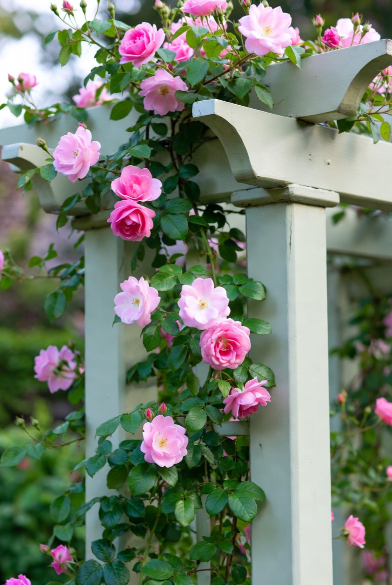 Copyright image: a gorgeous pink climbing rose rambling over pergola posts and rafters.