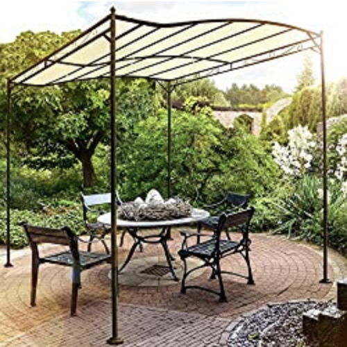 Lovely curved metal gazebo for outdoor dining.