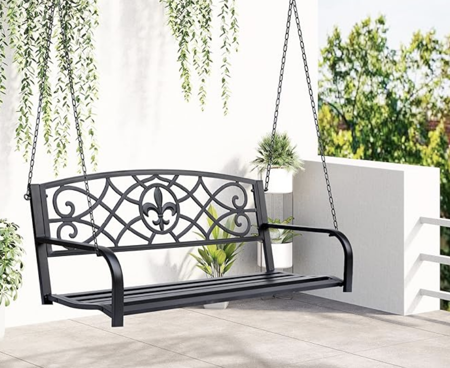 Fully weatherproof and maintenance free metal swinging bench for a porch or garden pergola.