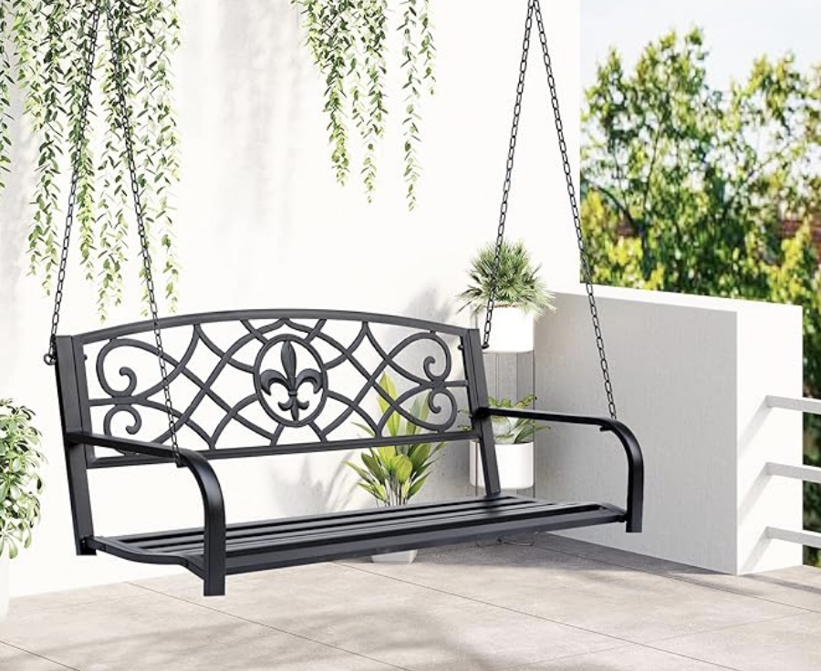 Metal weatherproof swing bench.