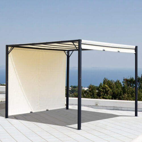 Modern metal pergola with retractable canopy.