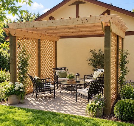 Copyright image: Jim's fabulous dining patio pergola with double beams and trellis made from the free pergola plans. Copyright image: Jim's fabulous dining patio pergola with double beams and trellis made from the free pergola plans.