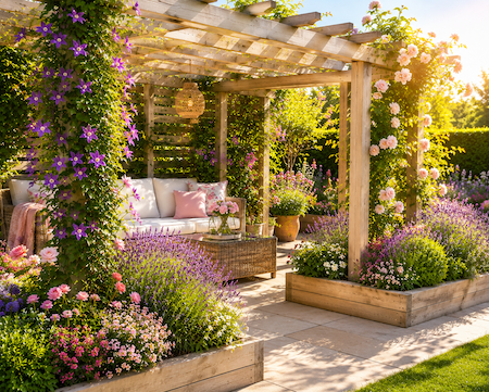 Copyright image: A beautiful pergola with planted raised beds around the posts growing climbing plants and perennials.