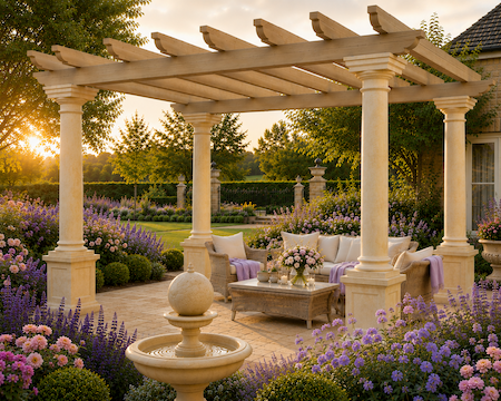 Copyright image: A beautiful warm sandstone column pergola in a gorgeous garden setting.