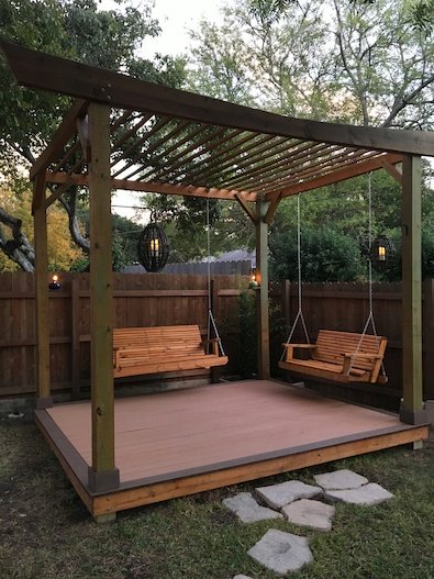 Copyright image: Amazing Japanese style pergola with swing benches made from the free pergola plans.