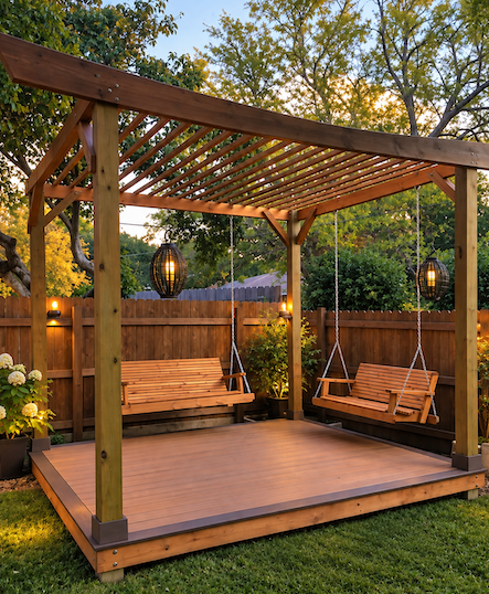 Copyright Image: Howard’s amazing freestanding pergola, adapted from the free plans with an Oriental-inspired front rafter, swings on two sides and a timber deck. Copyright Image: Howard’s amazing freestanding pergola, adapted from the free plans with an Oriental-inspired front rafter, swings on two sides and a timber deck.