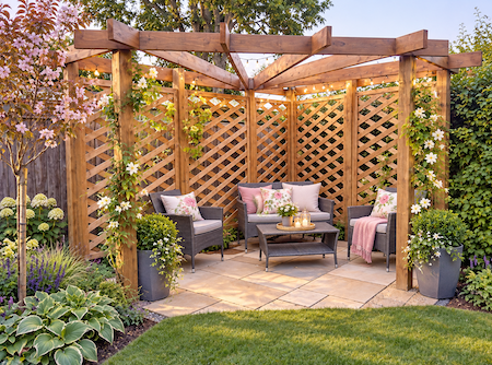 Copyright image: Peter's beautiful timber pergola built from free pergola plans, with lattice panels, comfortable seating and flowering plants. Copyright image: Peter's beautiful timber pergola built from free pergola plans, with lattice panels, comfortable seating and flowering plants.