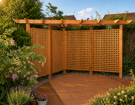 Copyright image: Ray's fantastic triangular pergola with deck adapted from the corner pergola plans.