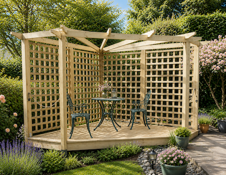 Copyright image: Roger's amazing corner pergola with deck built from the corner pergola plans.