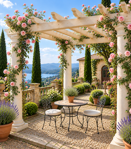 Copyright image: Gorgeous Italian-style scene with stone pergola columns and beautiful roses growing over the wooden rafters. Copyright image: Gorgeous Italian-style scene with stone pergola columns and beautiful roses growing over the wooden rafters.