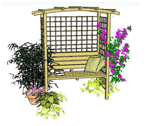 Copyright image: A beautiful arbour with curved rafters and integral seat, made from the arbour plans.