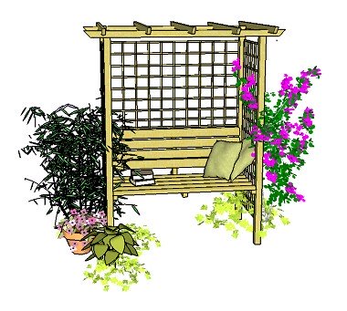 Copyright image: A seated arbour built with straight rafters and an integral bench.