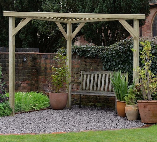 Corner pergola kit with slatted rafters.