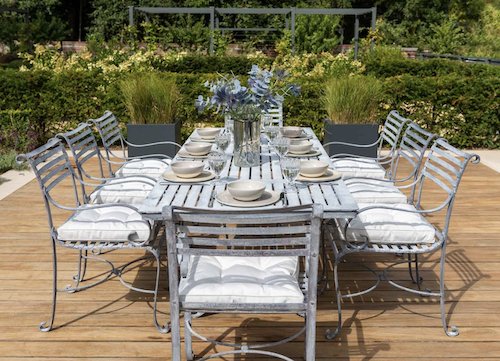 Southwold metal garden furniture: eight seater outdoor dining set.