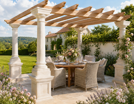 Copyright image: a gorgeous pergola made out of stone columns with wooden rafters.